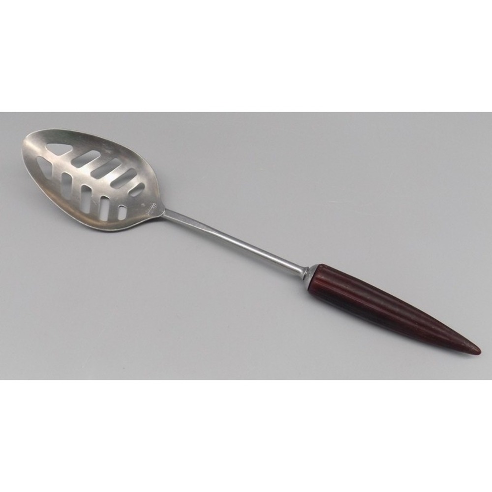 Androck Stainless Slotted Spoon Made In USA Reddish Brown Bullet Handle Steel